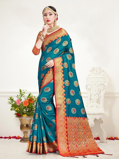 turquoise silk blend banarasi saree with blouse - 17352214 - Standard Image - 1
