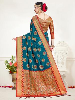turquoise silk blend banarasi saree with blouse - 17352214 - Standard Image - 2