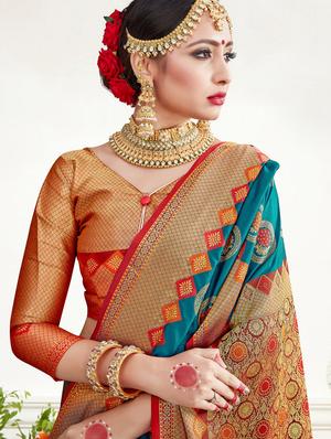 turquoise silk blend banarasi saree with blouse - 17352214 - Standard Image - 3