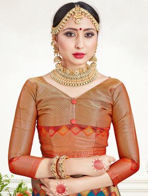 turquoise silk blend banarasi saree with blouse - 17352214 - Standard Image - 4