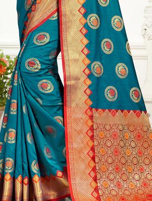 turquoise silk blend banarasi saree with blouse - 17352214 - Standard Image - 5