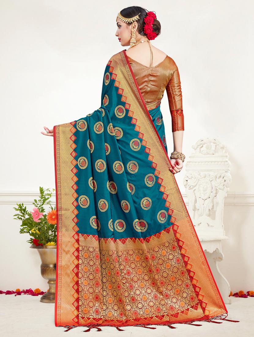 turquoise silk blend banarasi saree with blouse - 17352214 - Zoom Image - 2