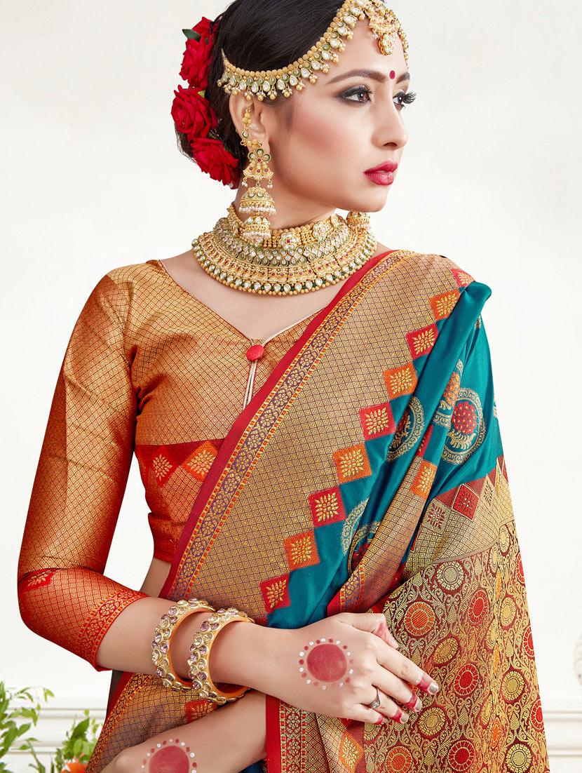 turquoise silk blend banarasi saree with blouse - 17352214 - Zoom Image - 3