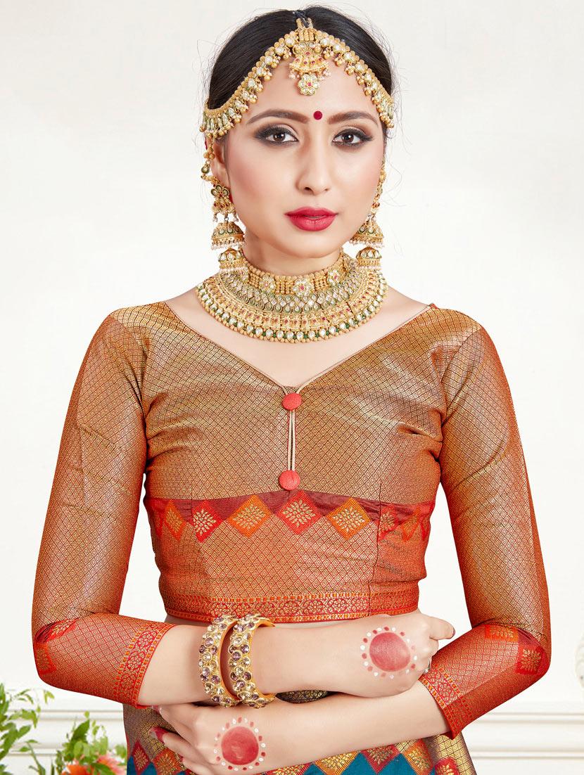 turquoise silk blend banarasi saree with blouse - 17352214 - Zoom Image - 4