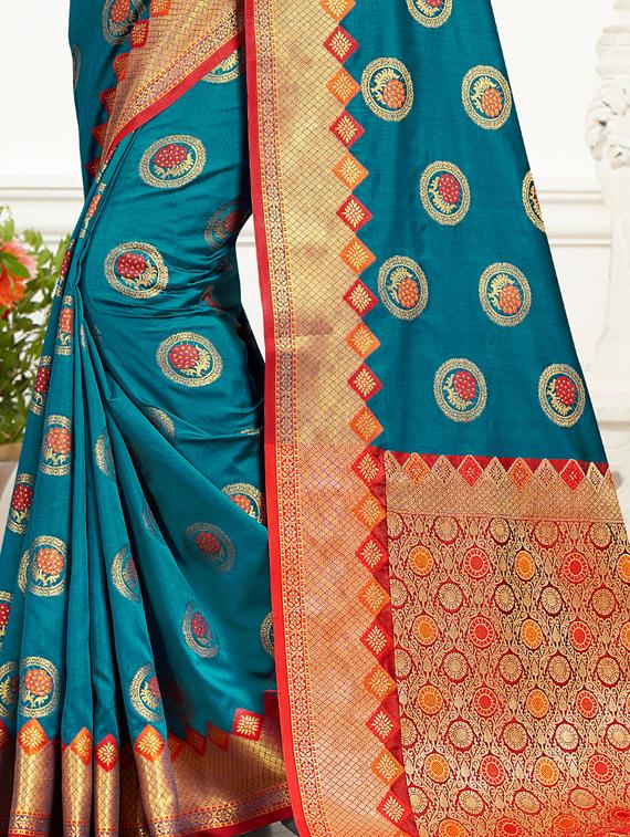 turquoise silk blend banarasi saree with blouse - 17352214 - Zoom Image - 5