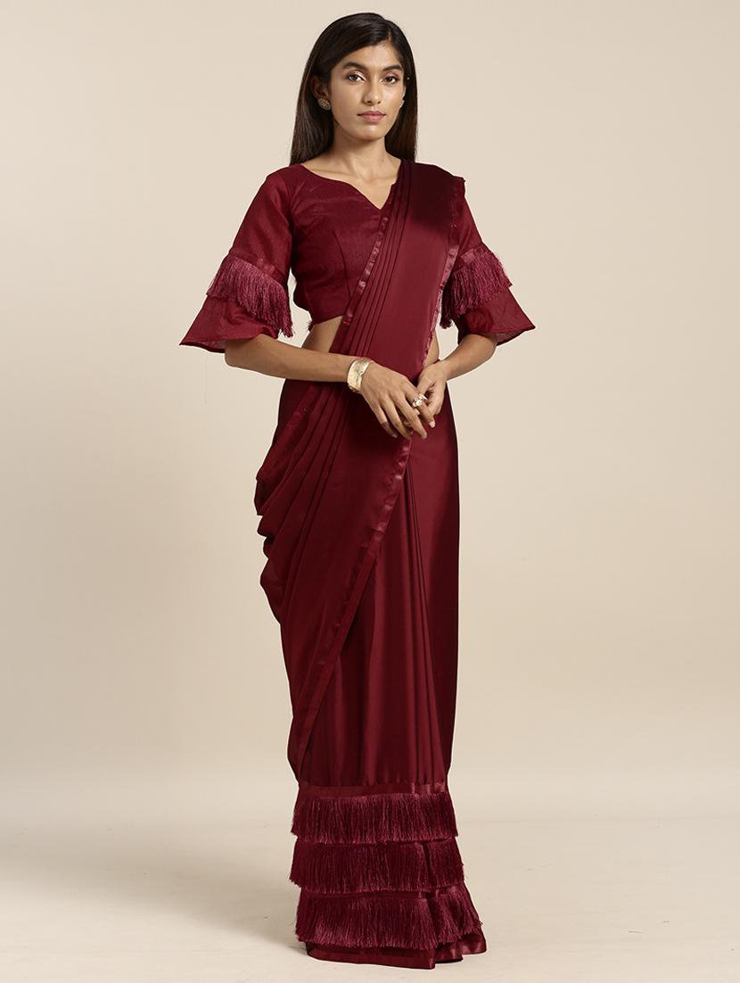 solid fusion saree with blouse - 17353377 - Zoom Image - 1