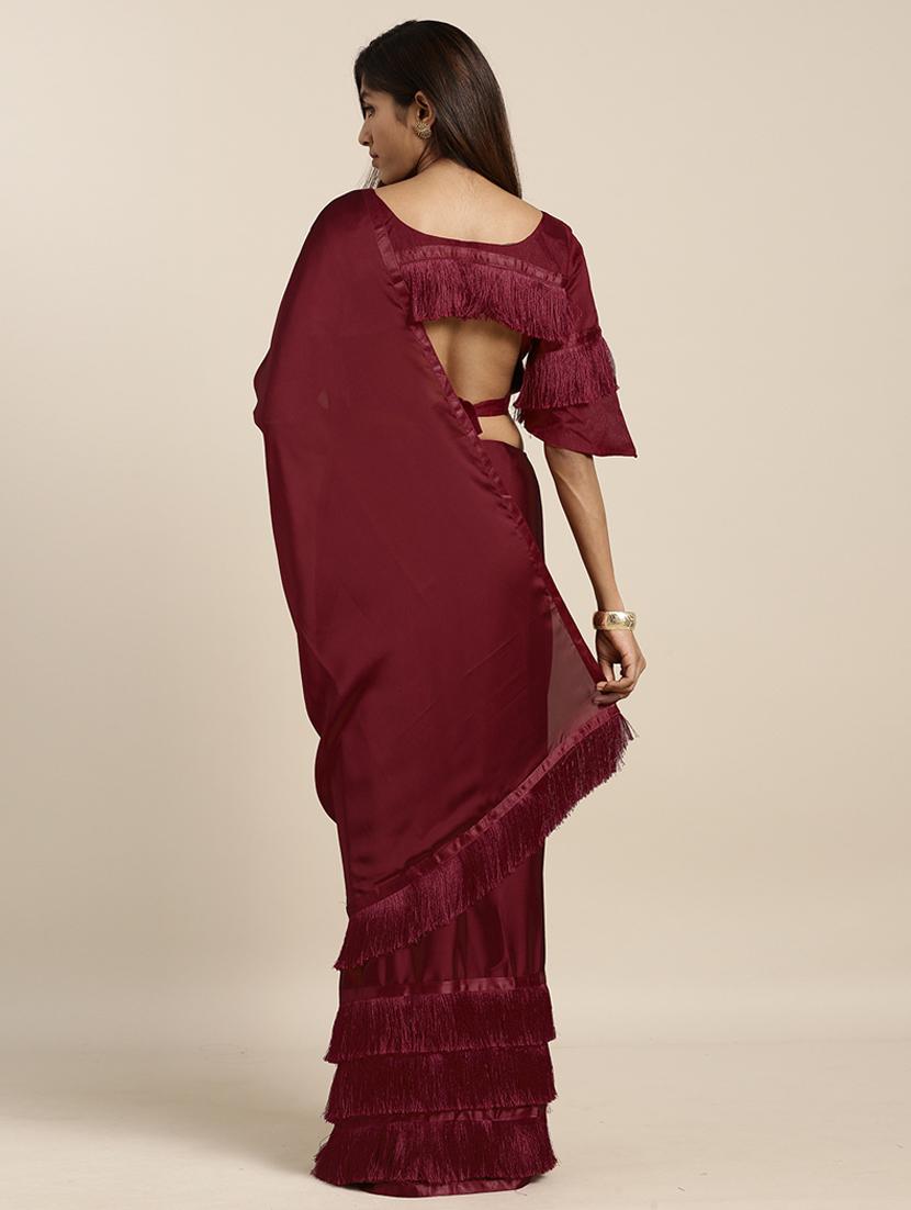 solid fusion saree with blouse - 17353377 - Zoom Image - 2