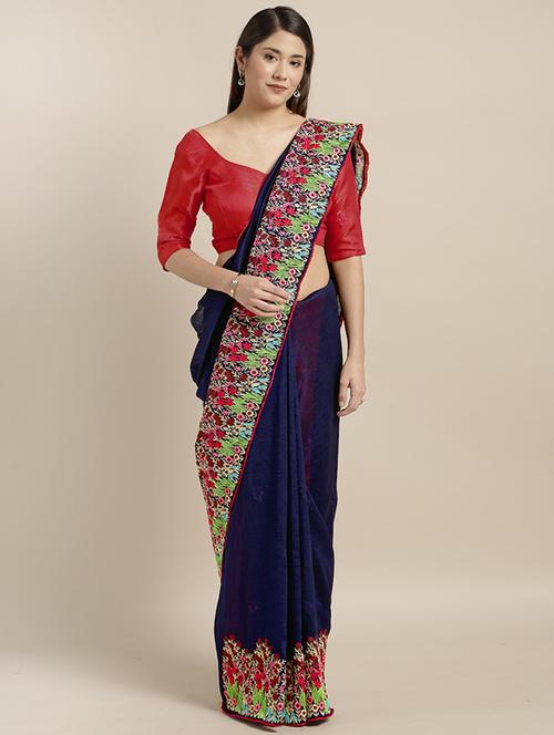 navy silk blend embroidered saree with blouse - 17353421 - Standard Image - 1