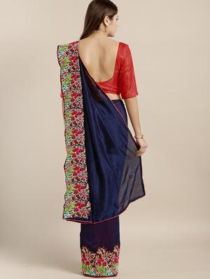 navy silk blend embroidered saree with blouse - 17353421 - Standard Image - 2