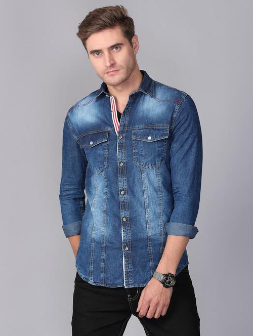blue faded denim casual shirt - 17354138 - Standard Image - 1
