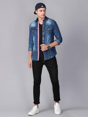 blue faded denim casual shirt - 17354138 - Standard Image - 3