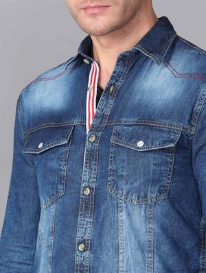 blue faded denim casual shirt - 17354138 - Standard Image - 4