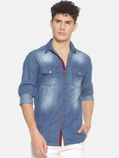 blue faded denim casual shirt - 17354140 - Very Small Image - 1