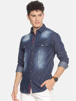 dark blue faded denim casual shirt - 17354141 - Standard Image - 2