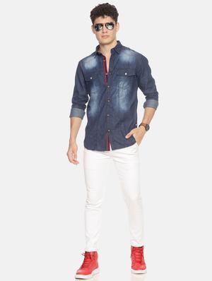dark blue faded denim casual shirt - 17354141 - Standard Image - 4