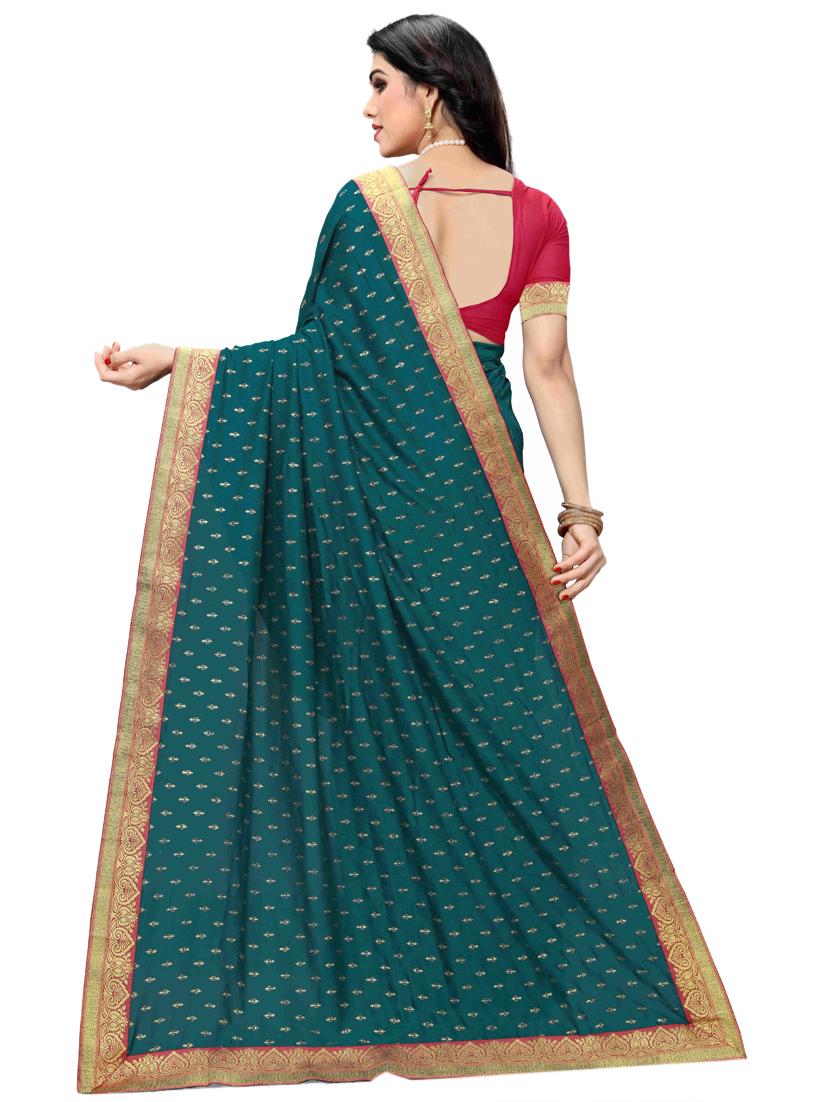 teal printed saree with blouse - 17354735 - Zoom Image - 2