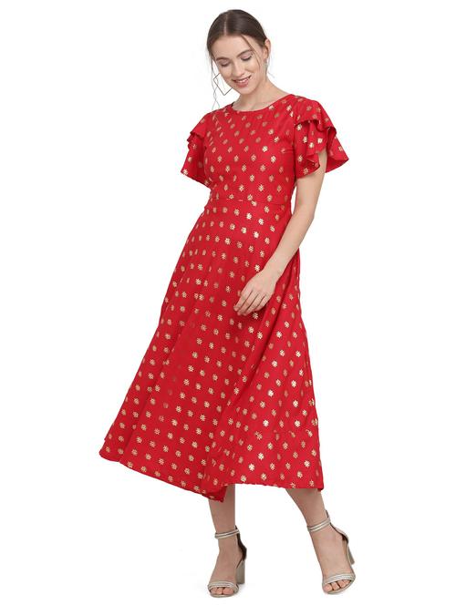 round neck foil print flared dress - 17354990 - Standard Image - 1