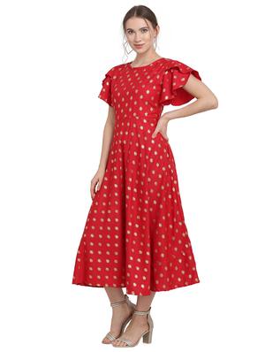 round neck foil print flared dress - 17354990 - Standard Image - 2