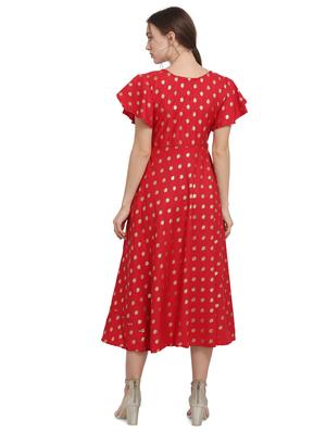 round neck foil print flared dress - 17354990 - Standard Image - 3