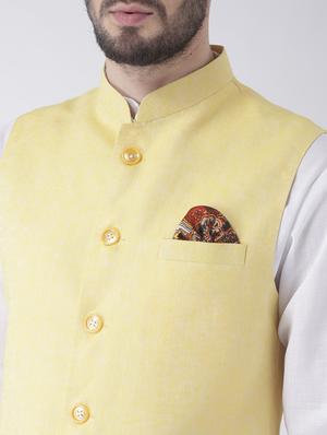 white solid kurta pyjama set with yellow solid nehru jacket - 17356719 - Standard Image - 4