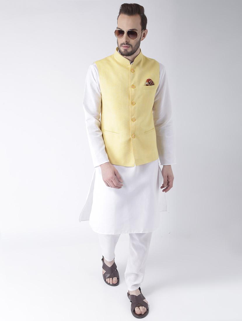 white solid kurta pyjama set with yellow solid nehru jacket - 17356719 - Zoom Image - 1