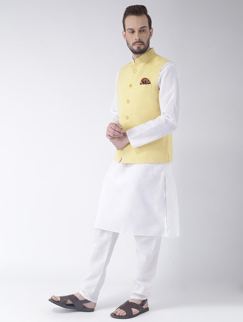 white solid kurta pyjama set with yellow solid nehru jacket - 17356719 - Zoom Image - 2