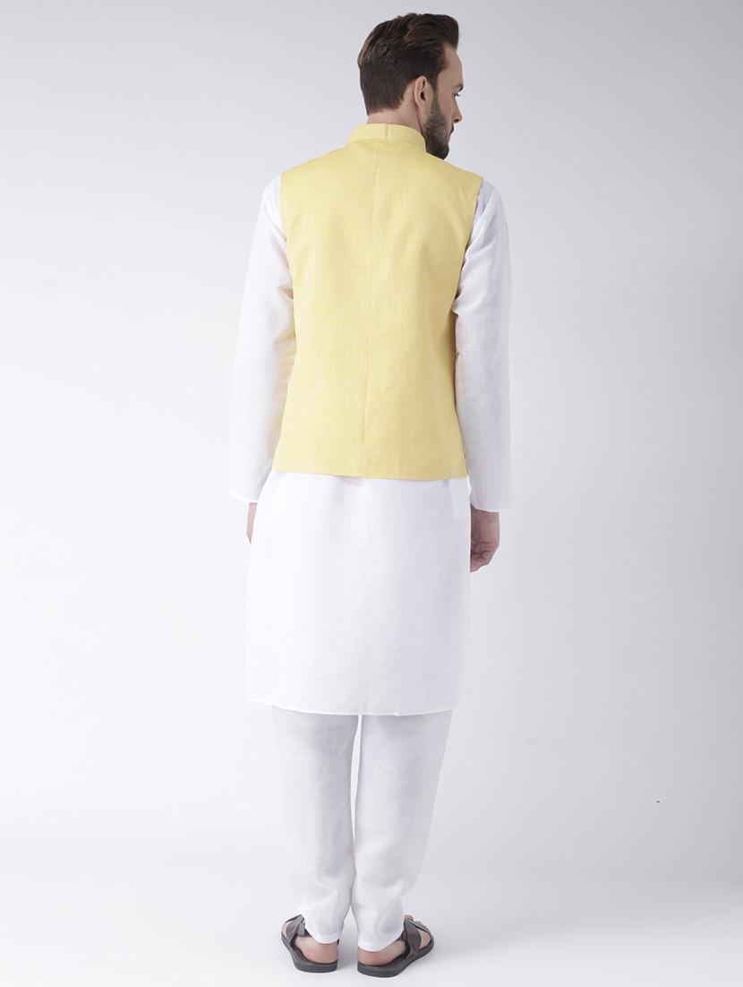 white solid kurta pyjama set with yellow solid nehru jacket - 17356719 - Zoom Image - 3