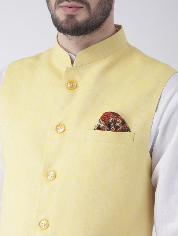 white solid kurta pyjama set with yellow solid nehru jacket - 17356719 - Zoom Image - 4