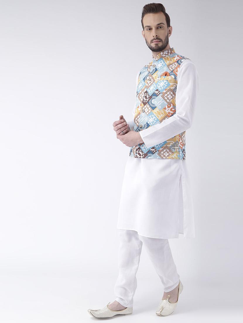 white solid kurta pyjama set with printed nehru jacket - 17356722 - Zoom Image - 2