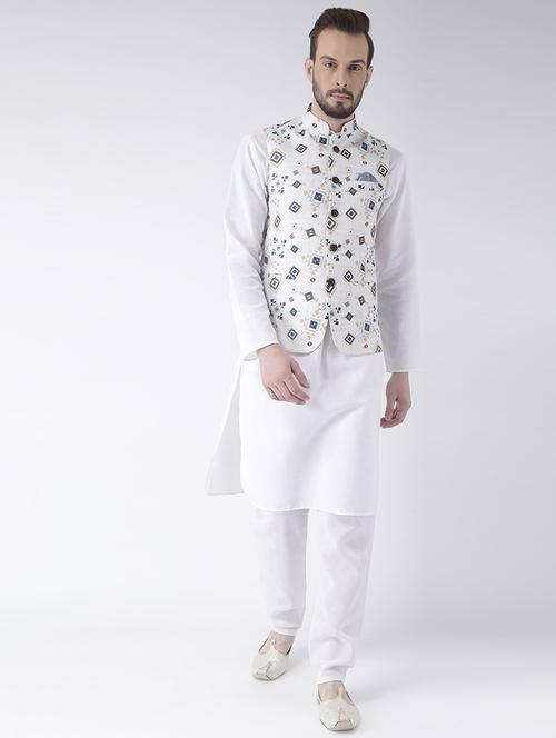 white solid kurta pyjama set with printed nehru jacket - 17356724 - Standard Image - 1
