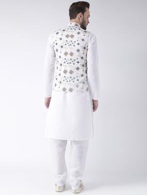 white solid kurta pyjama set with printed nehru jacket - 17356724 - Standard Image - 3