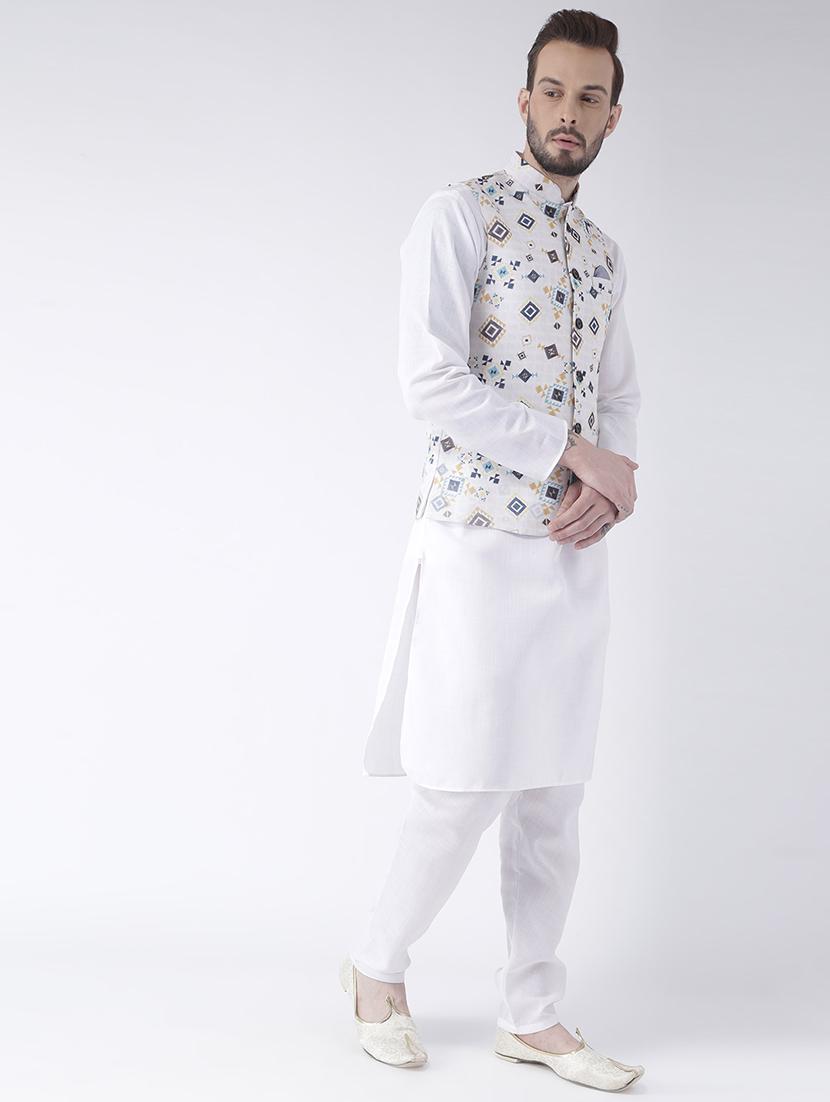 white solid kurta pyjama set with printed nehru jacket - 17356724 - Zoom Image - 2