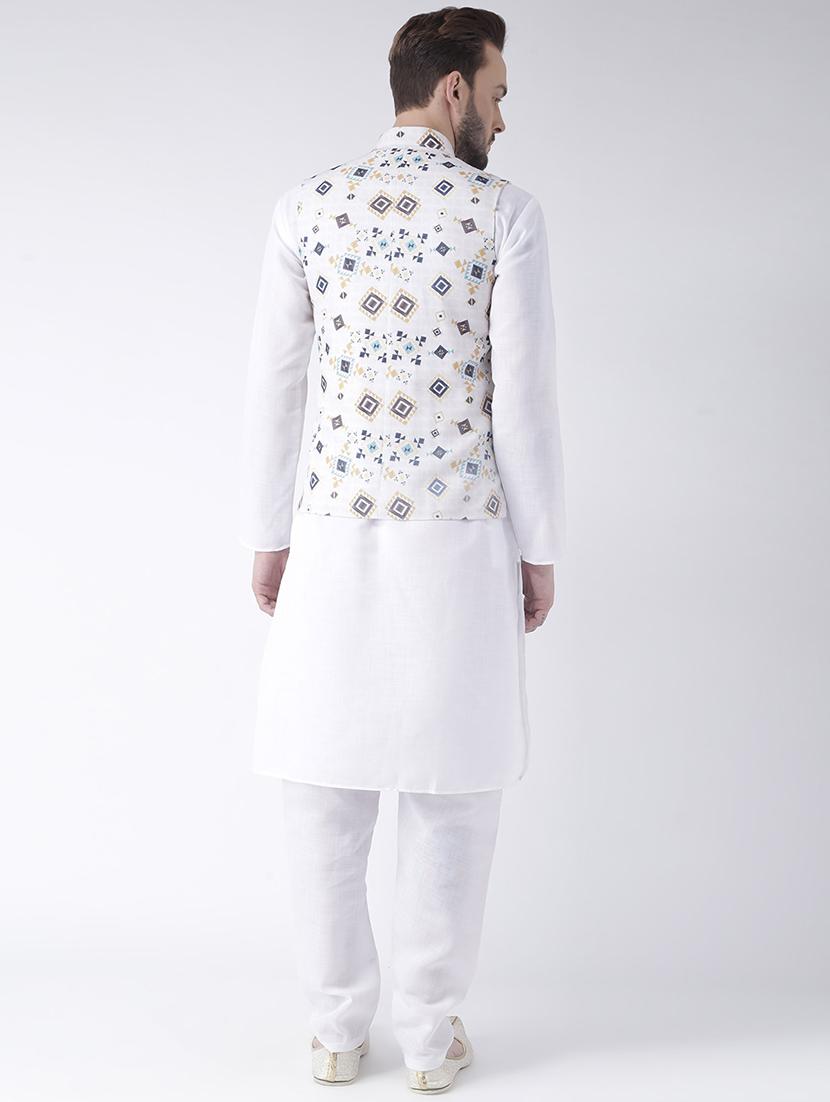 white solid kurta pyjama set with printed nehru jacket - 17356724 - Zoom Image - 3