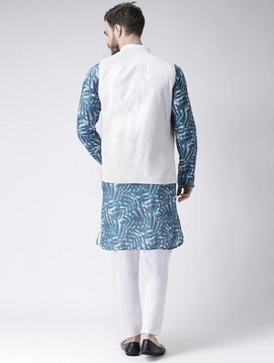 blue printed kurta pyjama set with white solid nehru jacket - 17356729 - Standard Image - 3