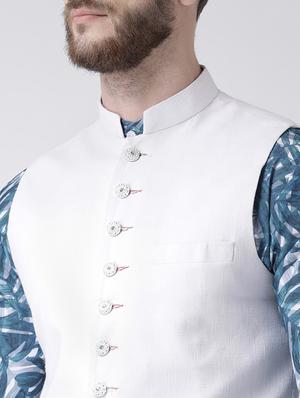 blue printed kurta pyjama set with white solid nehru jacket - 17356729 - Standard Image - 4