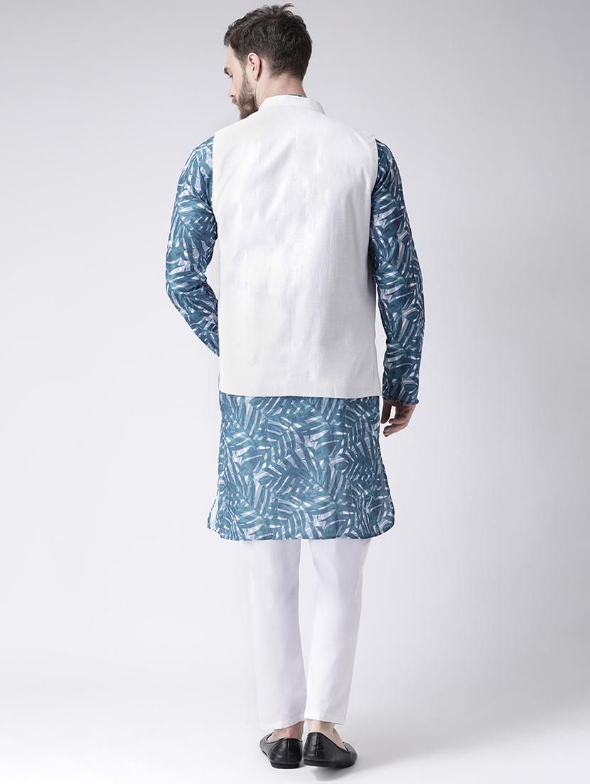 blue printed kurta pyjama set with white solid nehru jacket - 17356729 - Zoom Image - 3