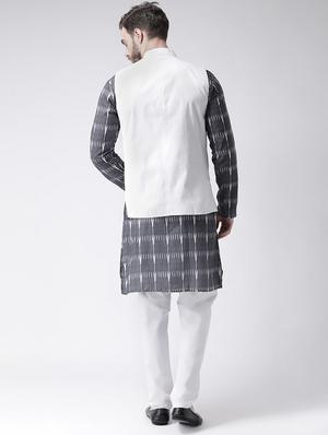 grey printed kurta pyjama set with white solid nehru jacket - 17356731 - Standard Image - 3