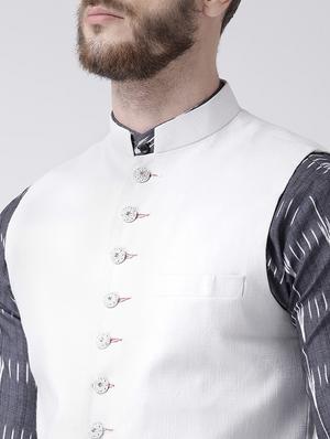 grey printed kurta pyjama set with white solid nehru jacket - 17356731 - Standard Image - 4