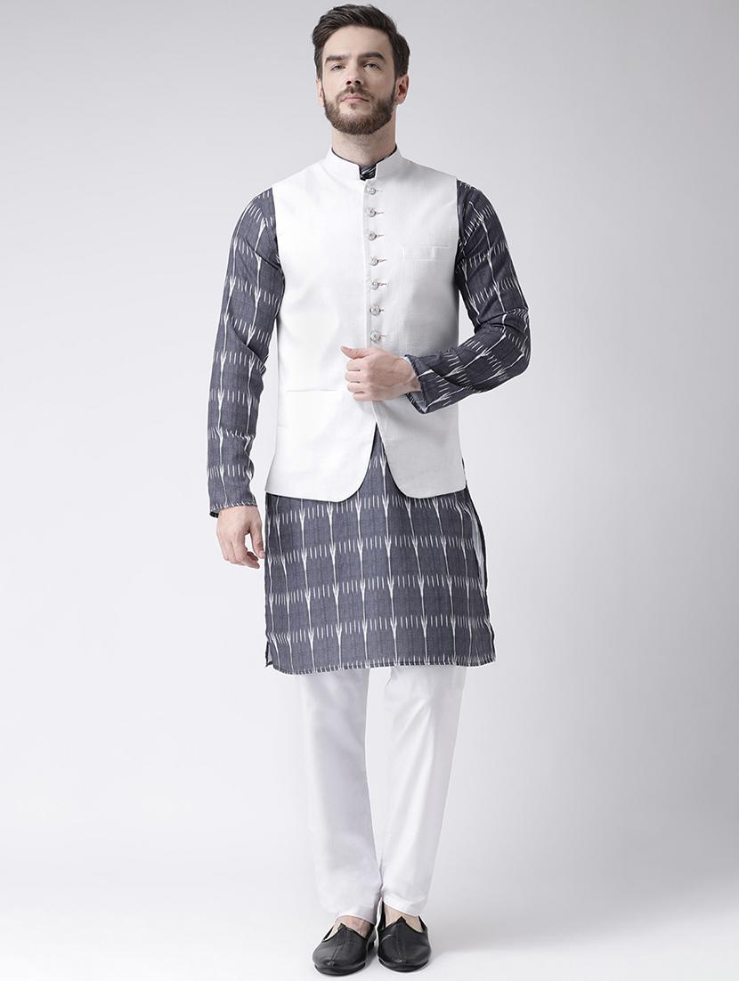 grey printed kurta pyjama set with white solid nehru jacket - 17356731 - Zoom Image - 1