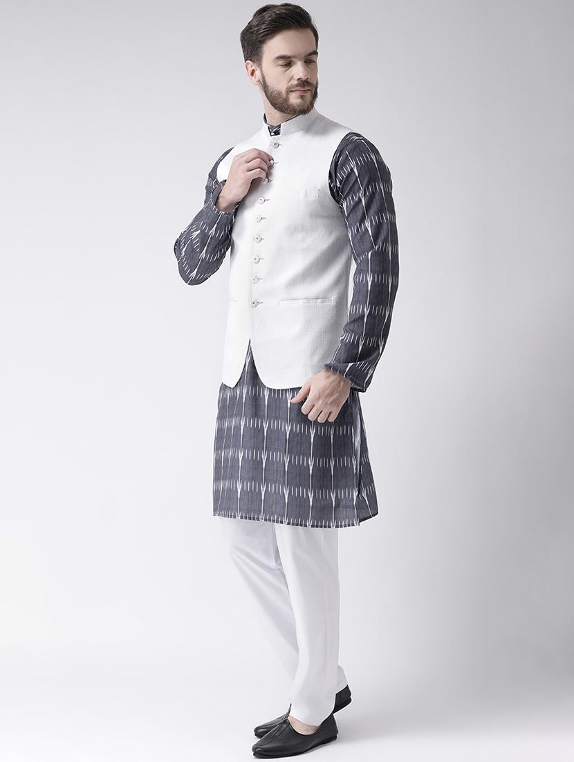 grey printed kurta pyjama set with white solid nehru jacket - 17356731 - Zoom Image - 2