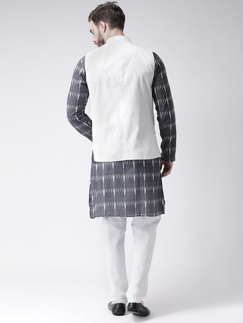 grey printed kurta pyjama set with white solid nehru jacket - 17356731 - Zoom Image - 3