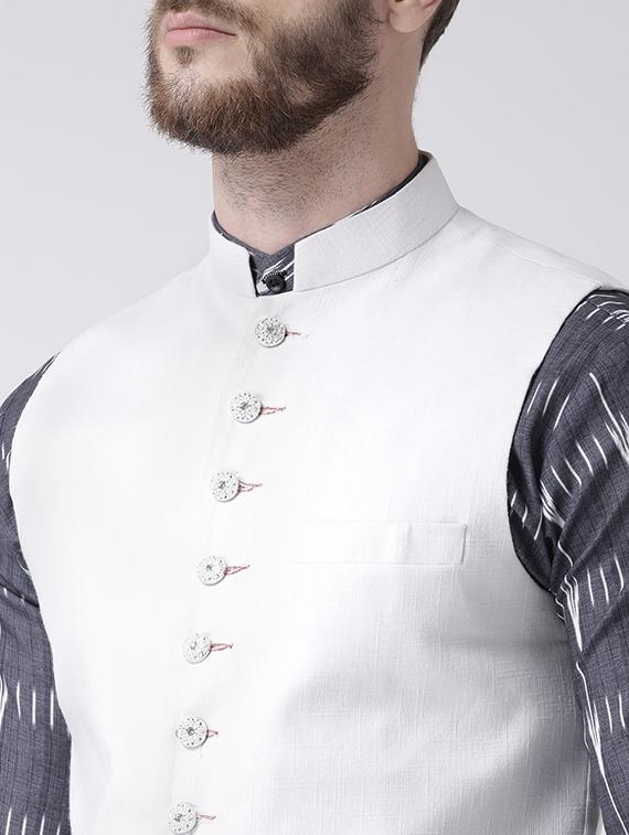 grey printed kurta pyjama set with white solid nehru jacket - 17356731 - Zoom Image - 4