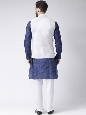 blue checkered kurta pyjama set with white solid nehru jacket - 17356734 - Standard Image - 3
