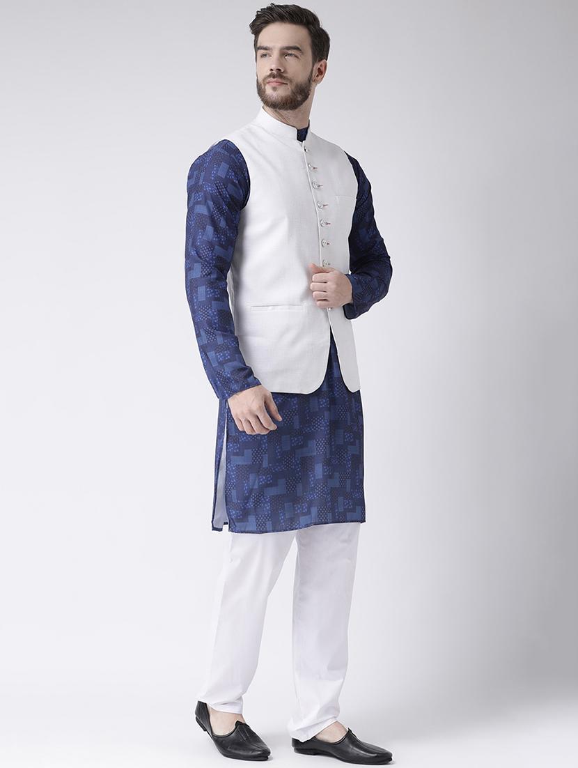 blue checkered kurta pyjama set with white solid nehru jacket - 17356734 - Zoom Image - 2