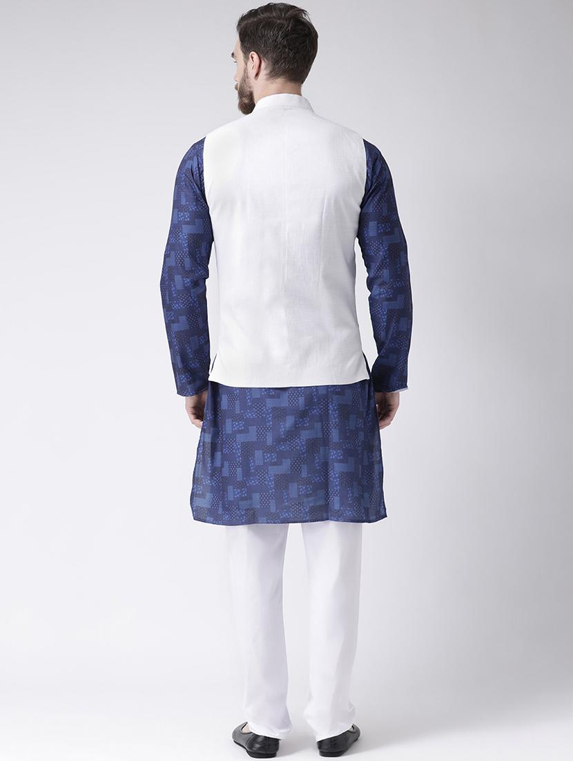 blue checkered kurta pyjama set with white solid nehru jacket - 17356734 - Zoom Image - 3
