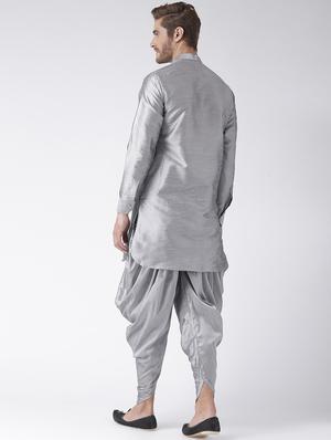 grey solid dupion dhoti kurta set - 17356806 - Standard Image - 3