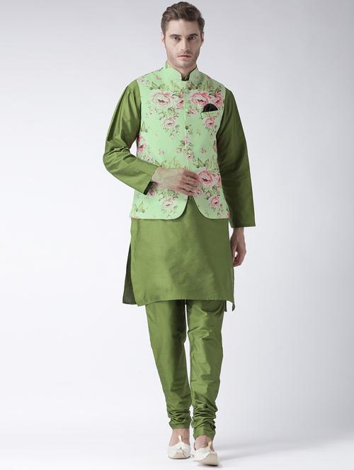 green solid kurta pyjama set with green floral nehru jacket - 17357021 - Standard Image - 1