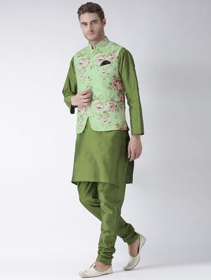 green solid kurta pyjama set with green floral nehru jacket - 17357021 - Standard Image - 2