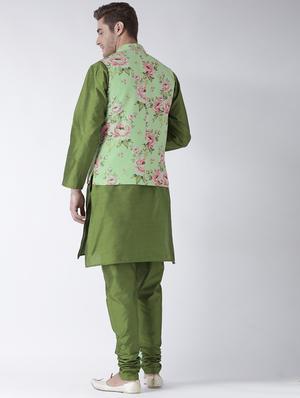 green solid kurta pyjama set with green floral nehru jacket - 17357021 - Standard Image - 4