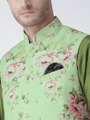 green solid kurta pyjama set with green floral nehru jacket - 17357021 - Standard Image - 5